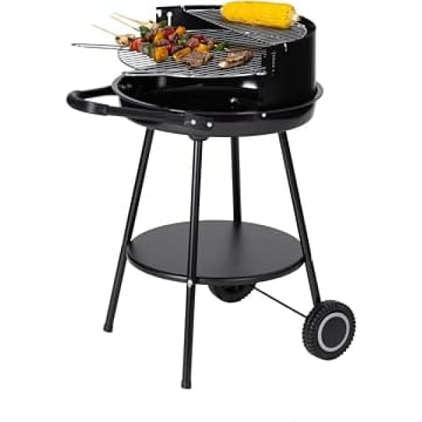 Tarrington House Deluxe Charcoal Grill, Portable Charcoal Grill, Round, Double Grill, Height Adjustable Cooking Grate Diameter 48 cm, with Wheels, Black