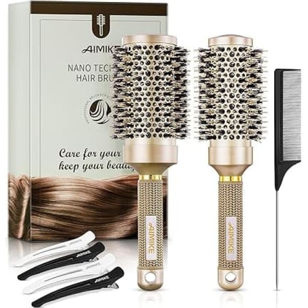 AIMIKE Round Brush for Blow Drying, Round Brush Large with Boar Bristles and Non-Slip Handle, Hair Brush Round Improves Texture for Drying Hair, for Styling, Curling -53 & 43 mm
