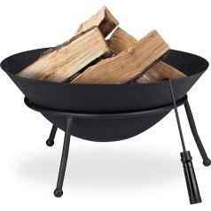 Relaxdays Fire bowl, cast iron, garden fire pit with poker, fire bowl outdoor, H x D: 32 cm x 60cm, Black.