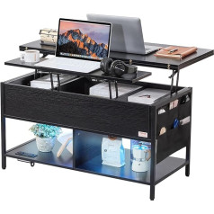 VEVOR Coffee Table Living Room Table with Lifting Top, Coffee Table with Storage Pockets, Foldable Coffee Table with Power Strip & USB & Ambient Lighting, 1 m Retractable Coffee Table