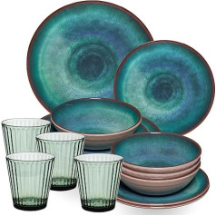Jesolo Melamine Crockery Set Green for 4 People - Stoneware Look Dishwasher Safe Dinnerware Camping Accessories Camping Tableware Caravan Camping Festival Picnic Garden Party