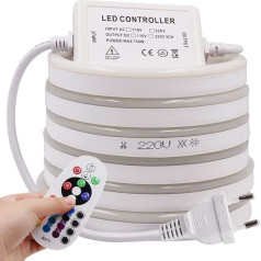 RGB Neon LED Strip, 3 m 220 V 5050 Silicone Flexible Neon Strip, Multi-Colour Changing Neon LED Light Strip with 24 Button Remote Control and 750 W RGB Controller for Bedroom, Cabinet, Bar
