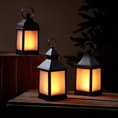 Lights4fun Set of 3 LED Lanterns Black with Flame Effect Timer Outdoor Garden Decoration Balcony Halloween Decoration Battery Black Garden Outdoor Weatherproof