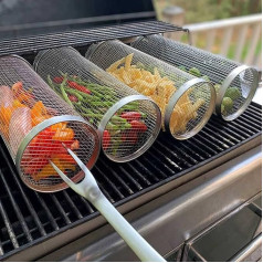 Rolling Grill Basket, Outdoor Grill Vegetables, French Chips, Barbecue Cooking Accessories, Grill Basket, Stainless Steel, Camping Essentials