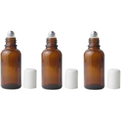 Empty Refillable Amber Glass Roll-On Bottles with Stainless Steel Roller Balls and White Cap for Essential Oils, Perfumes, Lip Balm, Attar Travel Containers, Pack of 3 30ml