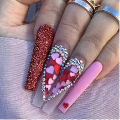 Coffin Long False Nails Heart Press on Nails Rhinestone Stick on Nails Ballerina Acrylic Fake Nails 24pcs for Women and Girls