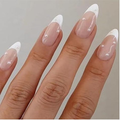 French False Nails Pearls Press on Nails Artificial Stick on Nails Reusable Ballerina Acrylic Almond Fake Nails 24pcs for Women and Girls(Solid)