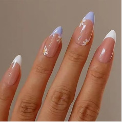 French False Nails Pearls Press On Nails Artificial Stick On Nails Reusable Ballerina Acrylic Almond Fake Nails 24 Pieces for Women and Girls (B)