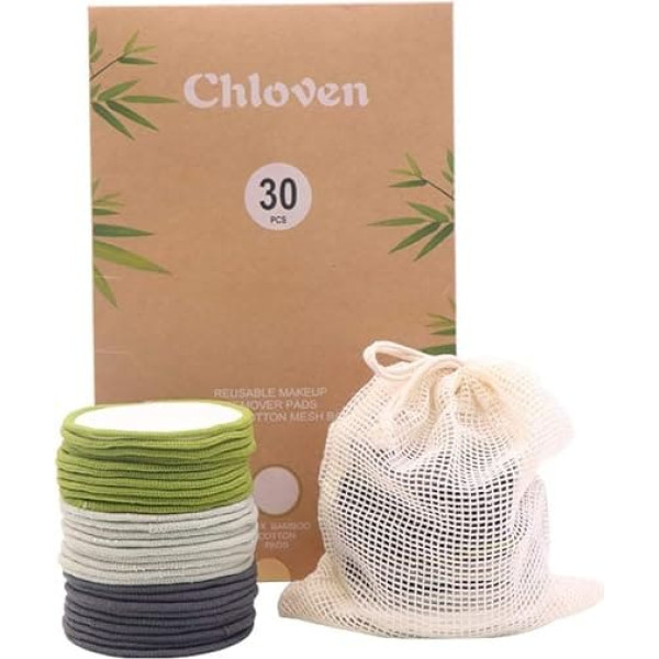 Chloven 30 Pieces Reusable Makeup Remover Pads - Bamboo Reusable Cotton Round for Toner, Washable Eco-Friendly Pads for All Skin Types with Cotton Laundry Bag