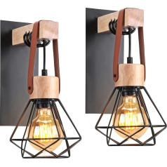 Wall Lamp Indoor Vintage Wall Light in Industrial Design Made of Wood and Iron 1 Bulb Retro Lamp with Cage Black Adjustable Pendant Lamp for Living Room Bedroom Kitchen Hallway (Pack of 2)