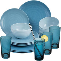 Melamine Tableware Set 16 Pieces Elegant Stoneware Look in Blue with Water Glass 260 ml Blue - for 4 People Dinnerware Glasses Water Glass Tumbler Whiskey - Camping Tableware Picnic Camping Outdoor