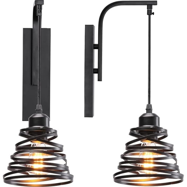 iDEGU 2 Pieces Wall Light Indoor Vintage Industrial Wall Light E27 Lampshade 15cm Spiral Cage Waterfall Pendant Light for Living Room Hallway Bar (Spiral Black)