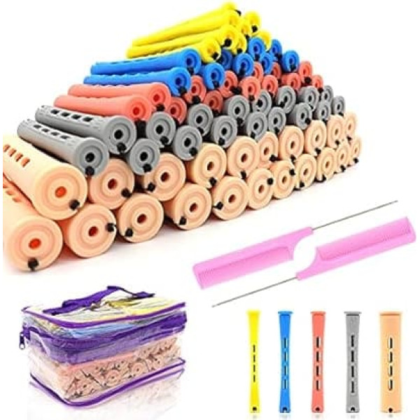 100 Pieces Perm Rods Set, 5 Sizes, Plastic, Cold Wavy Heat Free Perm Rods, Hair Curlers with Needle Comb for Long, Short, Straight, Curly, Natural Hair