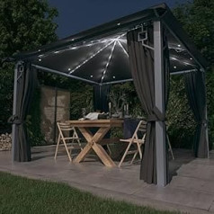 ARKEM Gazebo with Curtains and LED Fairy Lights, 3 x 3 m, Anthracite, Aluminium, Waterproof Gazebo, Metal Storage Tent, Gazebo, Waterproof, Stable