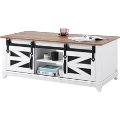 VEVOR Farmhouse Style Coffee Table Rectangular Coffee Table with 2 Sliding Doors, 150 lbs Load Capacity, 2-Tier Rustic Cocktail Table with Removable Shelves for Living Room Bedroom
