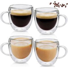 Pack of 4 Double-Walled Latte Macchiato Glasses, 250 ml Borosilicate Glass Coffee Glasses with Handle, Heat and Cold Resistance Coffee Cups Glass for Cappuccino Latte Tea Coffee Milk Juice Beer