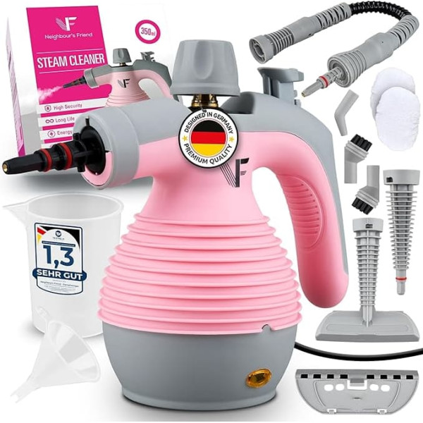 Neighbour's Friend® Handheld Steam Cleaner in Pink - Powerful Steam Cleaner Handheld Device I Steam Duck with 350 ml Tank, Steam Regulation & Attachments for Household, Windows, Upholstery & More
