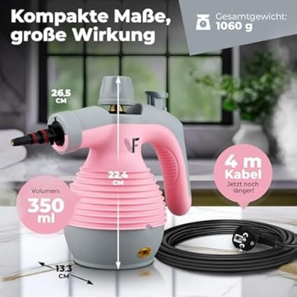 Neighbour's Friend® Handheld Steam Cleaner in Pink - Powerful Steam Cleaner Handheld Device I Steam Duck with 350 ml Tank, Steam Regulation & Attachments for Household, Windows, Upholstery & More
