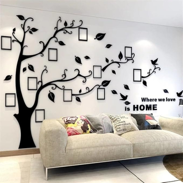 Wall Sticker Tree 3D DIY Wall Sticker Family Tree Photo Wall Sticker with Picture Frame Photo Wall Sticker Living Room Bedroom (Black Right, L)