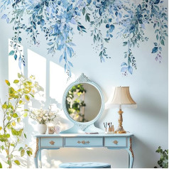 VePret Blue Plants Leaves Wall Stickers Peel and Stick, Large Flowers Flower Leaf Vinyl Wall Stickers, Removable Vine Home Decor Art for Bedroom, Living Room, Classroom, Office