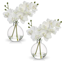 2 x Artificial Orchids White with Glass Vase, Artificial Plant Decor Orchids Artificial Flowers in Vase with Real Touch Flowers, Fake Orchids Artificial Bonsai for Hotel, Living Room, Office, Kitchen