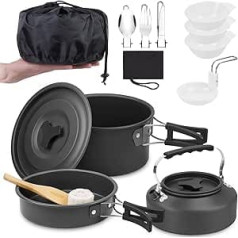 Camping Cookware Set, 14 Pieces, Aluminium Camping Tableware Set, Camping Tableware, Outdoor Cooking, Foldable Cooking Pot Set, 1.1 L Tea Kettle, Camping Pot, Outdoor Cutlery for 1-2 People