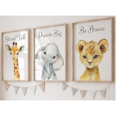 Eviepops Prints Set of 3 Safari Animals for Boys and Girls Nursery Unframed Print Bedroom Decor Baby Room Playroom Poster Elephant Giraffe Lion Stand Tall (A3)