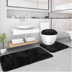 Bathroom Rug Set 3-Piece Non-Slip Washable Bath Mat Set, Fluffy High Pile Absorbent Bath Mat Bath Mat Set with Toilet Lid Cover, 50 x 120 cm + 50 x 40 cm + 50 x 48 cm (Black)
