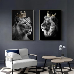 Lion and Lioness with Crown Canvas Pictures, Black Gold Animal Poster Decoration, Africa Lioness Art Prints for Bedroom Picture Home Decor Decor No Frame (Lion A, 50 x 70 cm x 2)