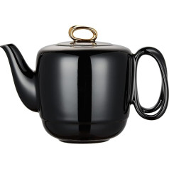 ZENS Porcelain Teapot with Strainer Insert, Twisted Handle Tea Service for Loose Tea, 1000 ml, Luxury Gold Trim, Black, Smooth Teapot for Gifts