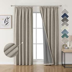 Joydeco 100% Blackout Curtains, Linen Curtains with Ruffle Tape, Set of 2, H 214 x W 132 cm, Linen, Thermal Curtain, Cold Protection, Opaque, Sound Protection, Ideal for Living Room, Matches Rail