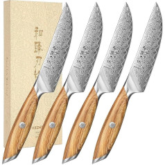 HEZHEN Damascus Steak Knife Set, 73 Layers Damascus Steel Steak Knife Without Serrated Edge Table Knife, Full Tang Wooden Handle