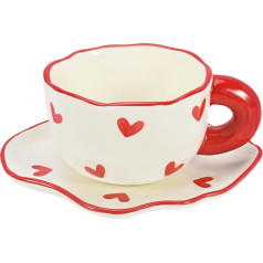 Ceramic Coffee Mug with Saucer Set, Cute Creative Mugs, Unique Irregular Design for Home and Office, 6 oz/180 ml for Tea Latte Milk (Red Heart)