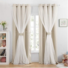 Deconovo Blackout Curtains with Voile Opaque Eyelet Curtain Living Room Curtains Children's Room 200 x 140 cm, Light Beige, Set of 2