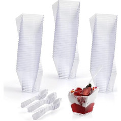 BELLE VOUS Pack of 100 Small Dessert Glasses & Spoons - 60 ml Transparent Reusable Plastic Bowls for Appetizers - For Mousse, Pudding, Fruit, Finger Foods, Ice Cream & More