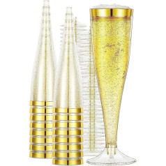 Pack of 50 150ml Plastic Champagne Glasses with Gold Glitter for Weddings, Birthdays, Picnics, Christmas, Outdoor and Party Activities, Reusable and Durable