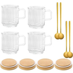 Klassische gestreifte Glas-Kaffeetassen mit Deckel und Löffeln, transparent, 350 ml, transparente Becher für heiße und kalte Getränke, Latte, Tee, Milch, Saft, 4 Stück