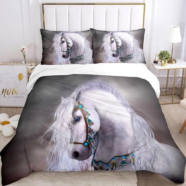 JEFFEL Horse Bed Linen Set, 135 x 200 cm, Children's Bed Linen, Horse Motif 3D Animal Motif, Microfibre, Very Soft, Children's Bedding Set with Duvet Cover and Pillowcase (Horse 6, 135 x 200 cm)