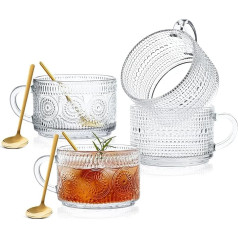 Set of 4 Vintage Coffee Mugs, 14 oz Clear Embossed Glass Coffee Cups, Glass Cups, Tea Cups, Classic Glass Cups with Handle and Spoon for Cappuccino, Latte, Cereal, Yoghurt