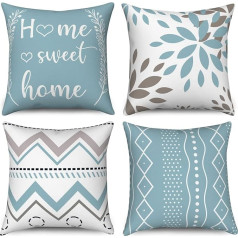 Hnmdmyi Cushion Cover Light Blue 50 x 50 cm, Set of 4, Home Sweet Home Flowers Boho Geometric Decorative Cushion Covers Modern Farmhouse Linen Cushion Cover for Sofa Couch Bed Garden Outdoor Home Decor