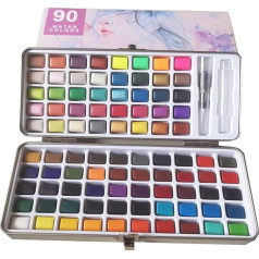 90 Colours Solid Watercolour Paint Set + 1 Brush, Conventional Colour Metallic Fluorescent Paint, Compressed Portable, Ideal for Professionals and Beginners