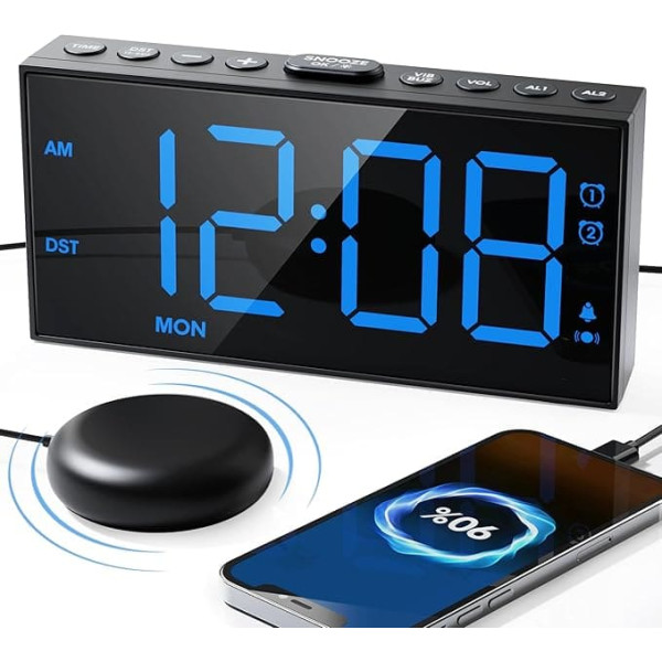 Roxicosly Digital Loud Alarm Clock with Bed Shaker for Deep Sleepers, 7.5 Inch LED Display, 5 Dimmers, 2 Alarms with Weekday/Weekend, 5 Volumes, Snooze, Type C & USB Charger, Battery Backup, 12/24H &