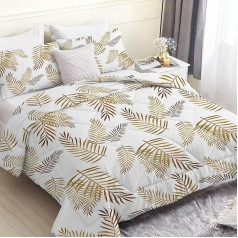 Duvet Cover 220 x 240 cm, Golden Palm Leaves Printed Duvet for 4 Seasons, Double Bed, White Plants, Lightweight Quilt, Reversible, Duvet Without Cover and 2 Pillowcases 65 x 65 cm