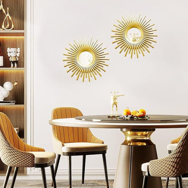 YiYa Pack of 2 Metal Mirror Wall Decorations Gold Metal Mirror for Wall Decoration Gold Round Wall Decor Modern Decorative Mirror for Living Room Bedroom Bathroom