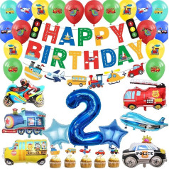 Car 2nd Birthday Decorations Boy - 29pcs Transport Party Decoration Including Happy Birthday Banner Truck Latex Balloon Cars Number 2 Foil Balloons for 2 Year Old Boys Cars Party Supplies