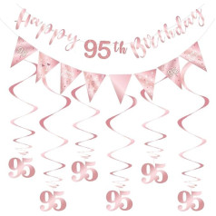 95th Birthday Decoration Kit, Happy 95th Birthday Banner Bunting Swirl Streamers, Triangle Flag Banner for Birthday Party Decorations Supplies, Rose Gold 95