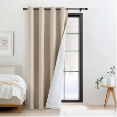 Woaboy Thermal Curtain, Light Beige Opaque Door Curtain, Double Layer, Winter Cold Protection Curtain, Living Room Divider, Window Curtain with Eyelets, Blackout Curtain, Bedroom, 1 Piece, 132 x 215