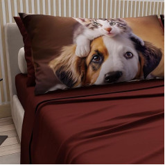 PETTI Artigiani Italiani - Animals with Cats and Dogs Cotton Bed Linen with Pillowcases in Digital Print, Bed Linen for Single Bed, Bordeaux, 100% Made in Italy