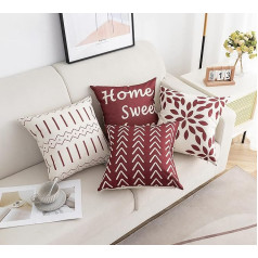 Set of 4 Faux Linen Throw Pillow Covers for Sofa Bed Mite-Proof and Hypoallergenic Decorative Cushion Covers with Hidden Zipper, Set of 4 (60 x 60 cm, Sweet Home Garnet)