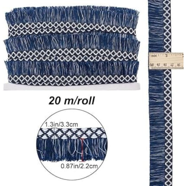 GORGECRAFT 10 m x 3.5 cm Wide Tassel Fringe Trim White Navy Diamond Pattern Fabric Lace Trim Tassel Thread Edge Ribbon for DIY Sewing Crafts Home Textiles Curtain Cushion Decoration